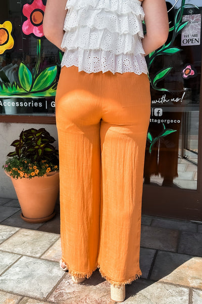 Dusty Orange Fringe Hem Wide Leg Pants