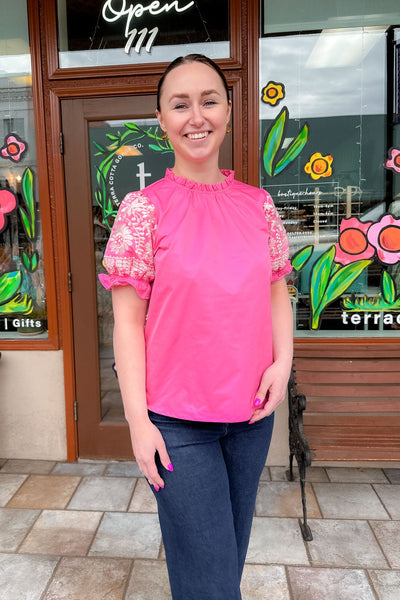 Pink Poplin Embroidered Sleeve Top