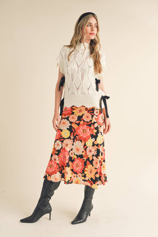 EXCLUSIVE PRINT SATIN FLORAL MIDI SLIP SKIRT MSK2645