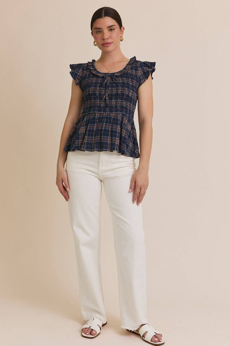 SCOOP NECK SMOCKED RUFFLE PLAID TOP