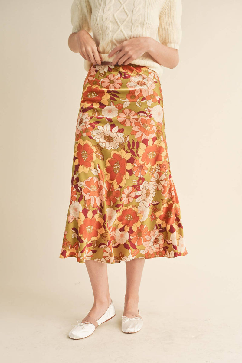 EXCLUSIVE PRINT SATIN FLORAL MIDI SLIP SKIRT MSK2645