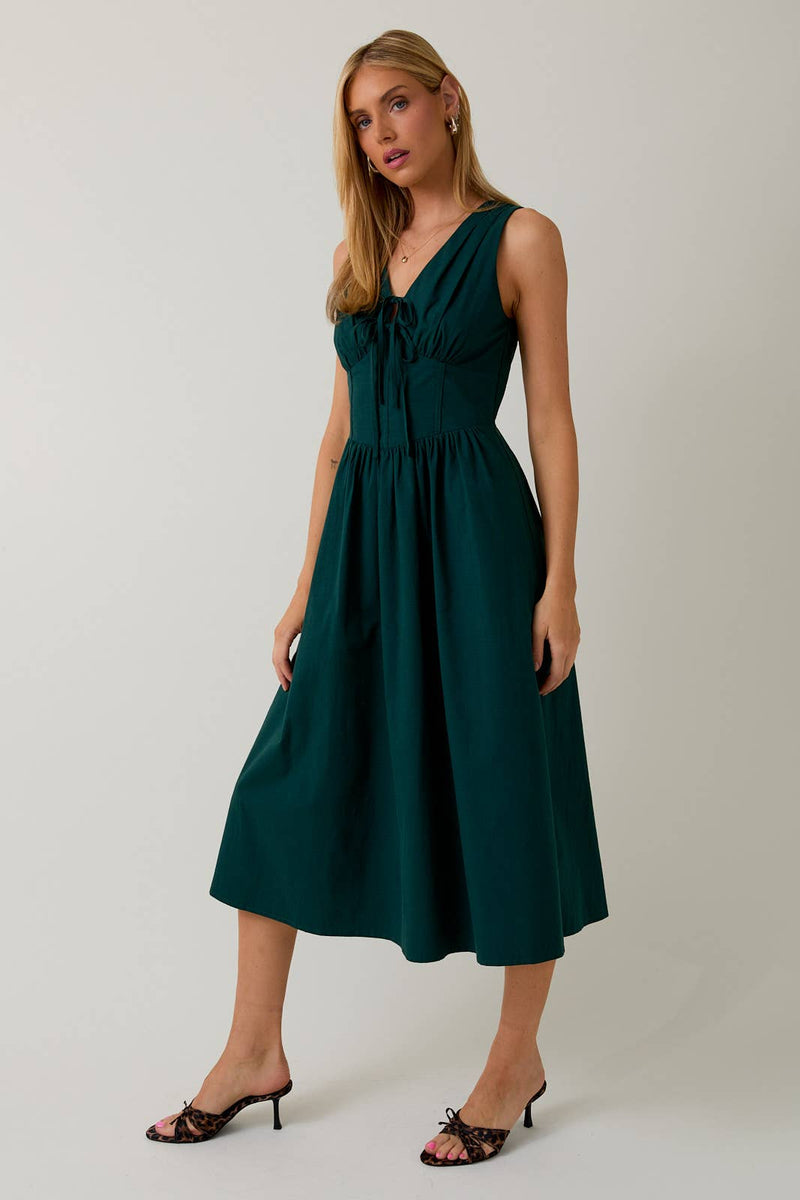 V-NECK FRONT TIED FIT & FLARE MIDI DRESS