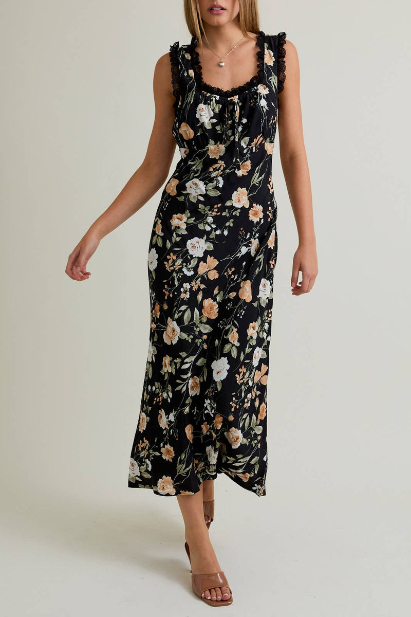 SLEEVELESS SQUARE NECK LACE TRIM DETAIL OPEN BACK MIDI DRESS