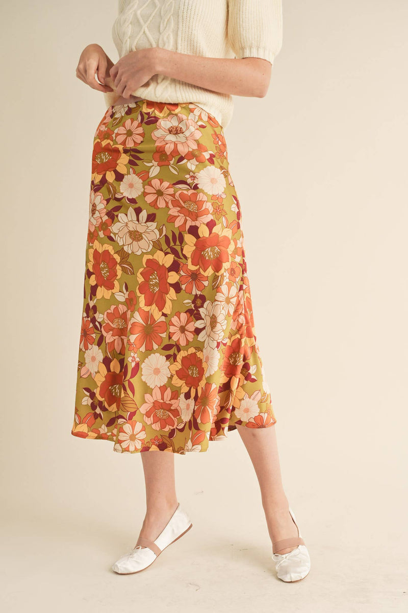 EXCLUSIVE PRINT SATIN FLORAL MIDI SLIP SKIRT MSK2645