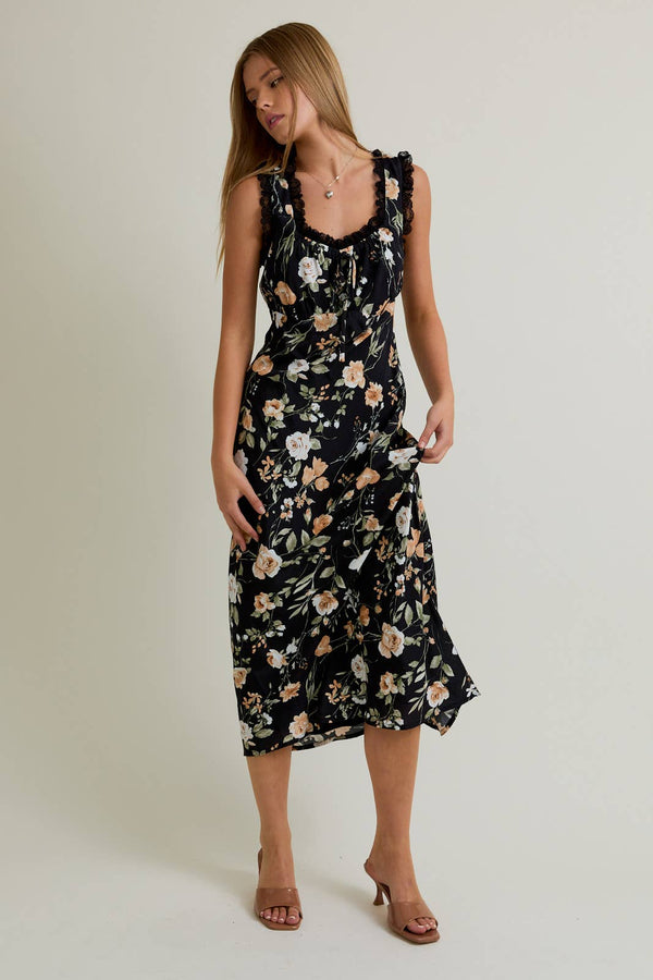 SLEEVELESS SQUARE NECK LACE TRIM DETAIL OPEN BACK MIDI DRESS