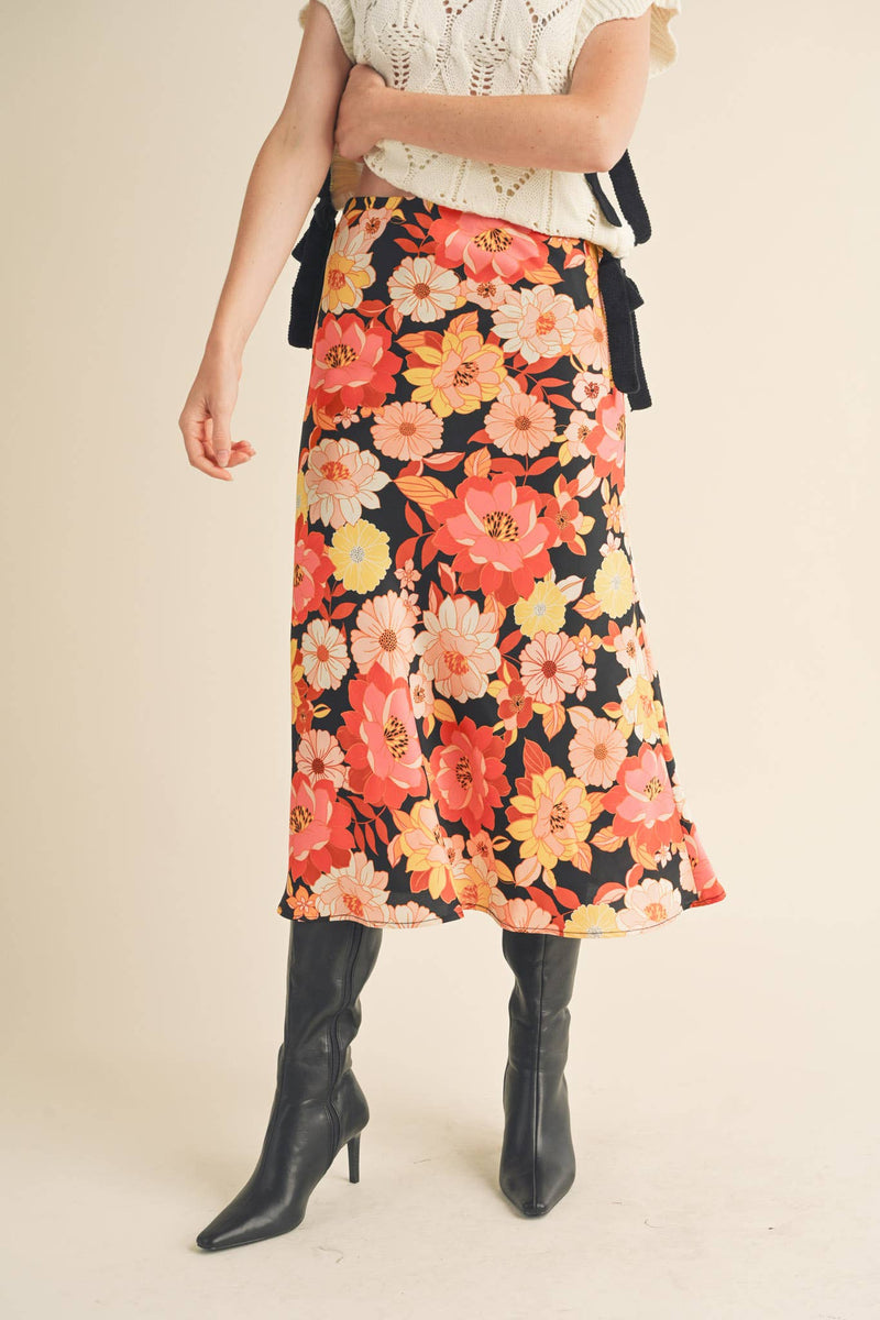 EXCLUSIVE PRINT SATIN FLORAL MIDI SLIP SKIRT MSK2645