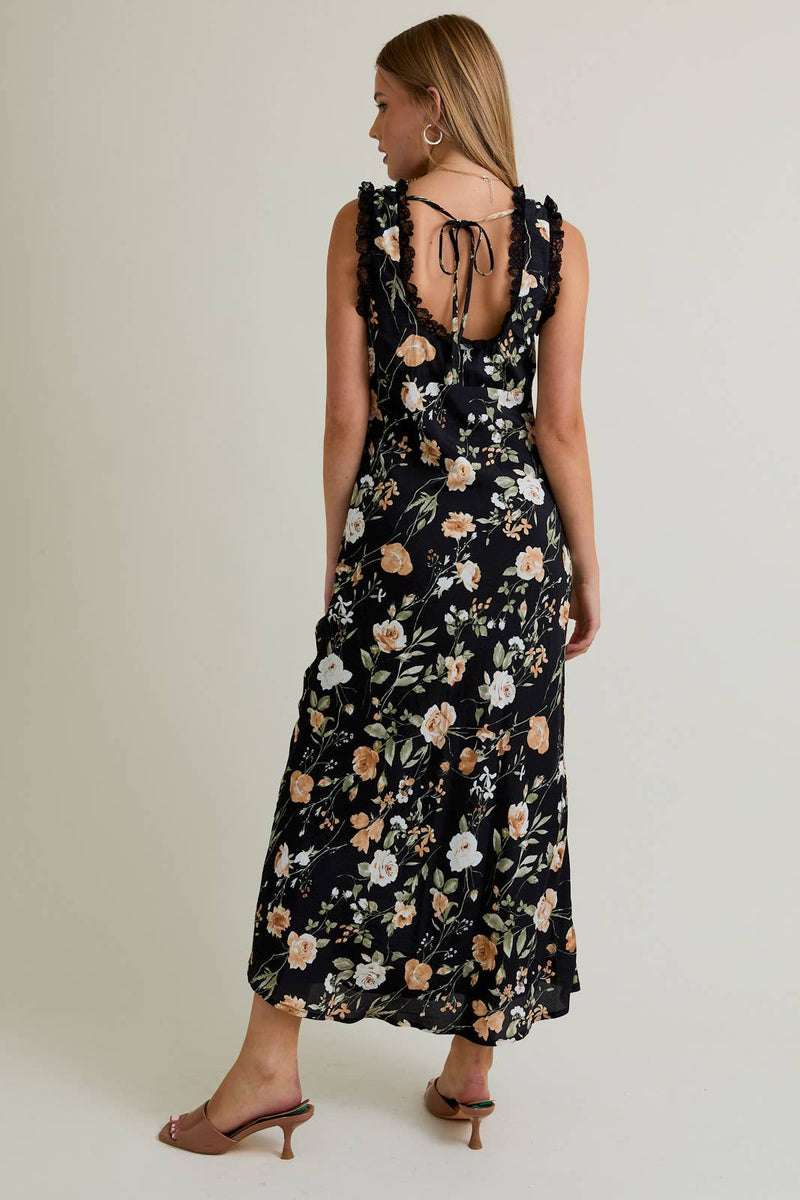 SLEEVELESS SQUARE NECK LACE TRIM DETAIL OPEN BACK MIDI DRESS