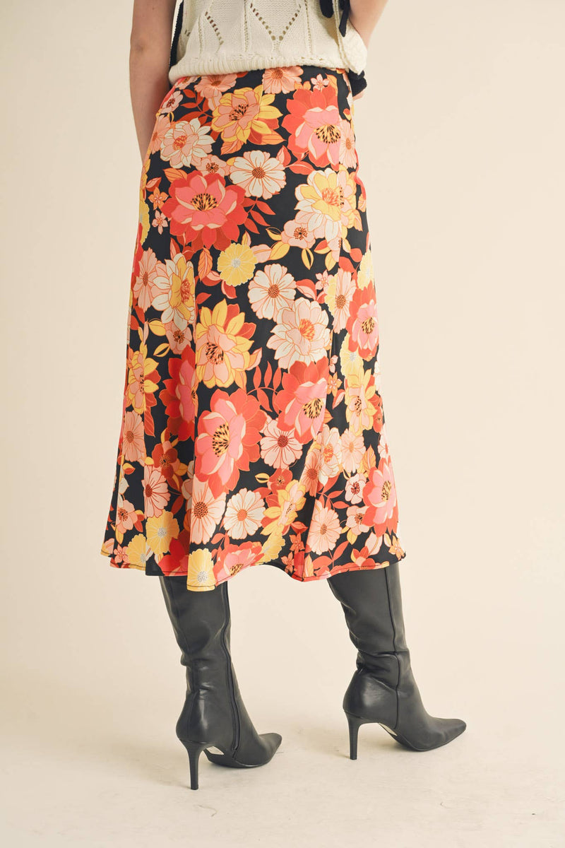EXCLUSIVE PRINT SATIN FLORAL MIDI SLIP SKIRT MSK2645
