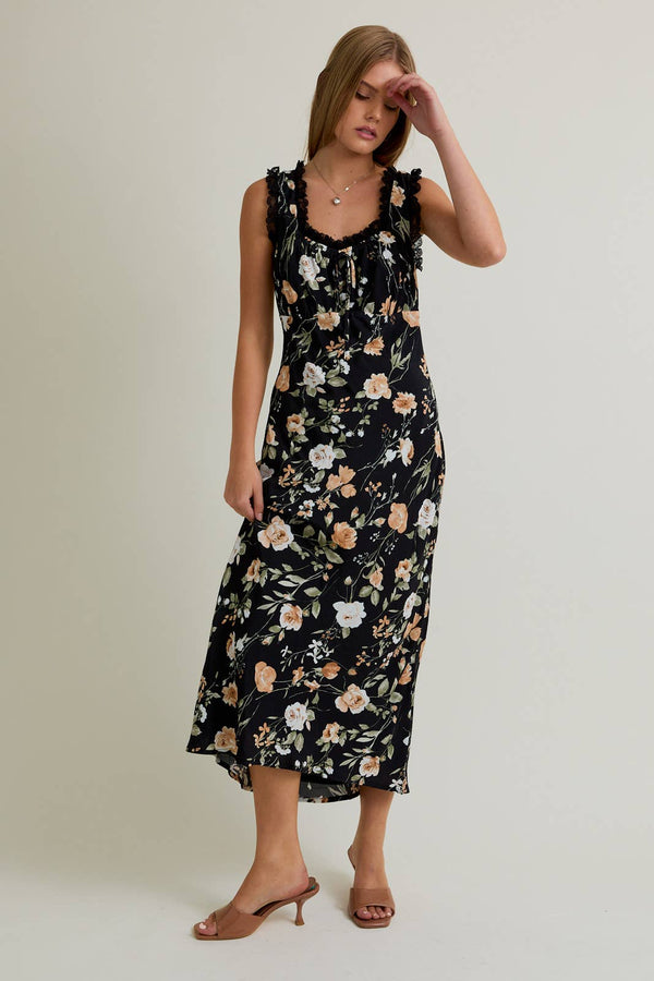 SLEEVELESS SQUARE NECK LACE TRIM DETAIL OPEN BACK MIDI DRESS