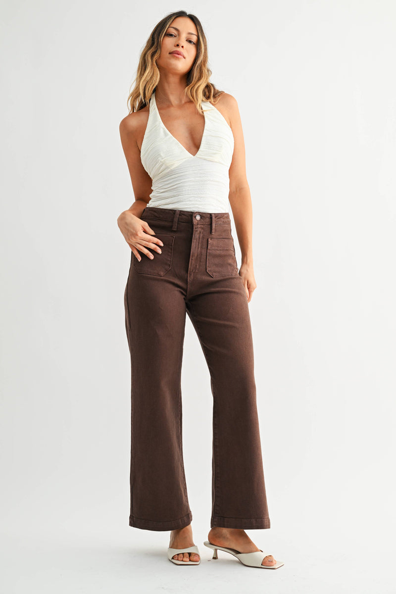 BP433J - DK BROWN - Patch Pocket Wide Leg