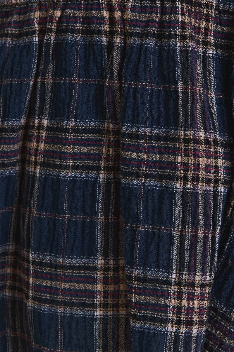 SCOOP NECK SMOCKED RUFFLE PLAID TOP