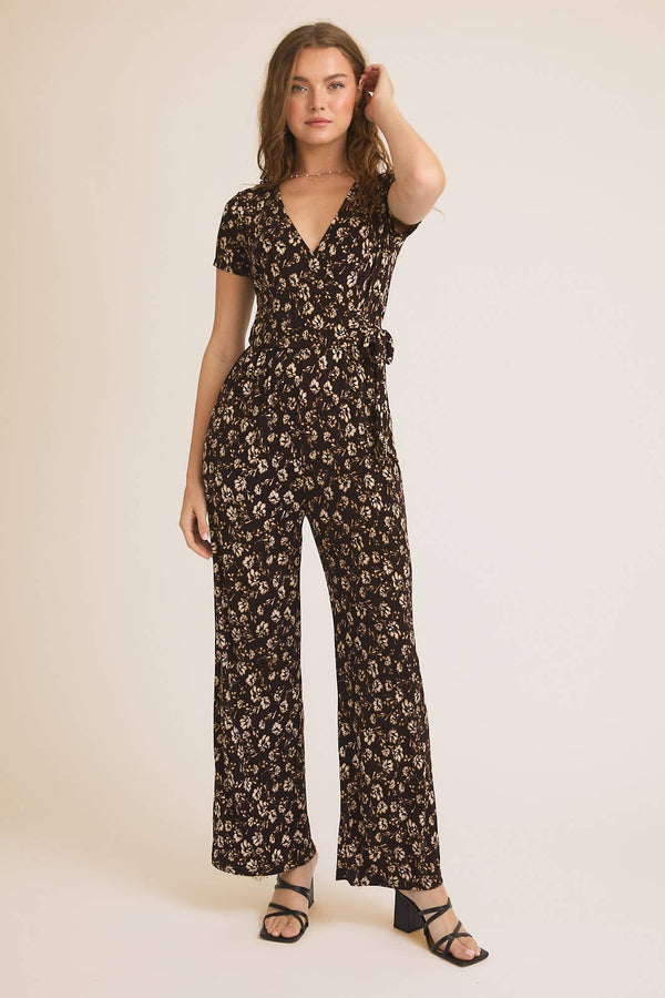SHORT SLEEVE BELTED PRINT JUMPSUIT