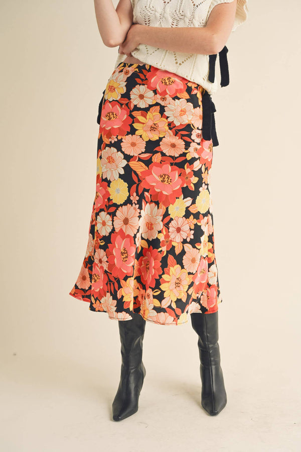 EXCLUSIVE PRINT SATIN FLORAL MIDI SLIP SKIRT MSK2645