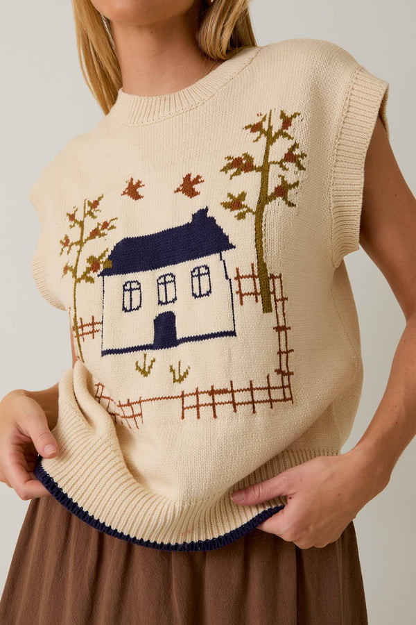HIGN NECK SLEEVELESS GRAPHIC SWEATER TOP