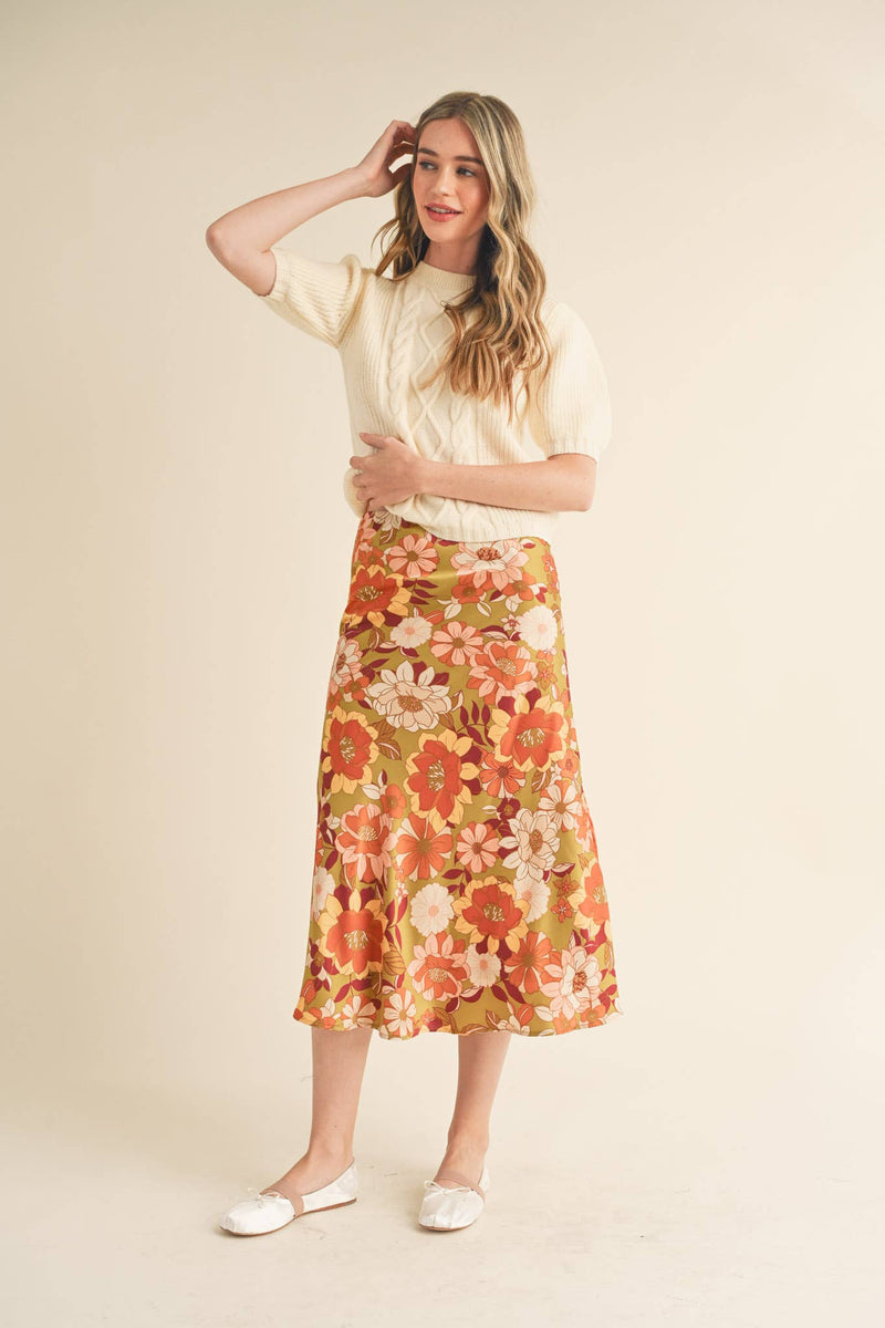 EXCLUSIVE PRINT SATIN FLORAL MIDI SLIP SKIRT MSK2645