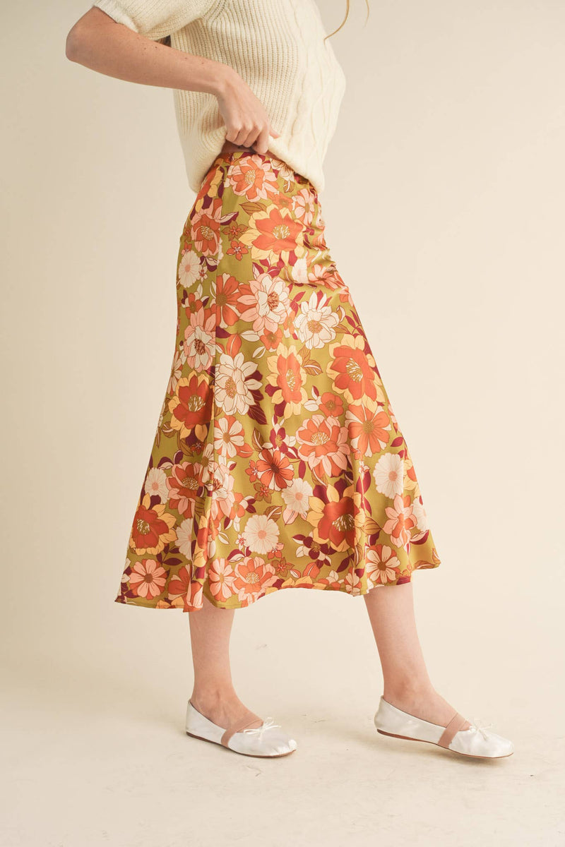 EXCLUSIVE PRINT SATIN FLORAL MIDI SLIP SKIRT MSK2645