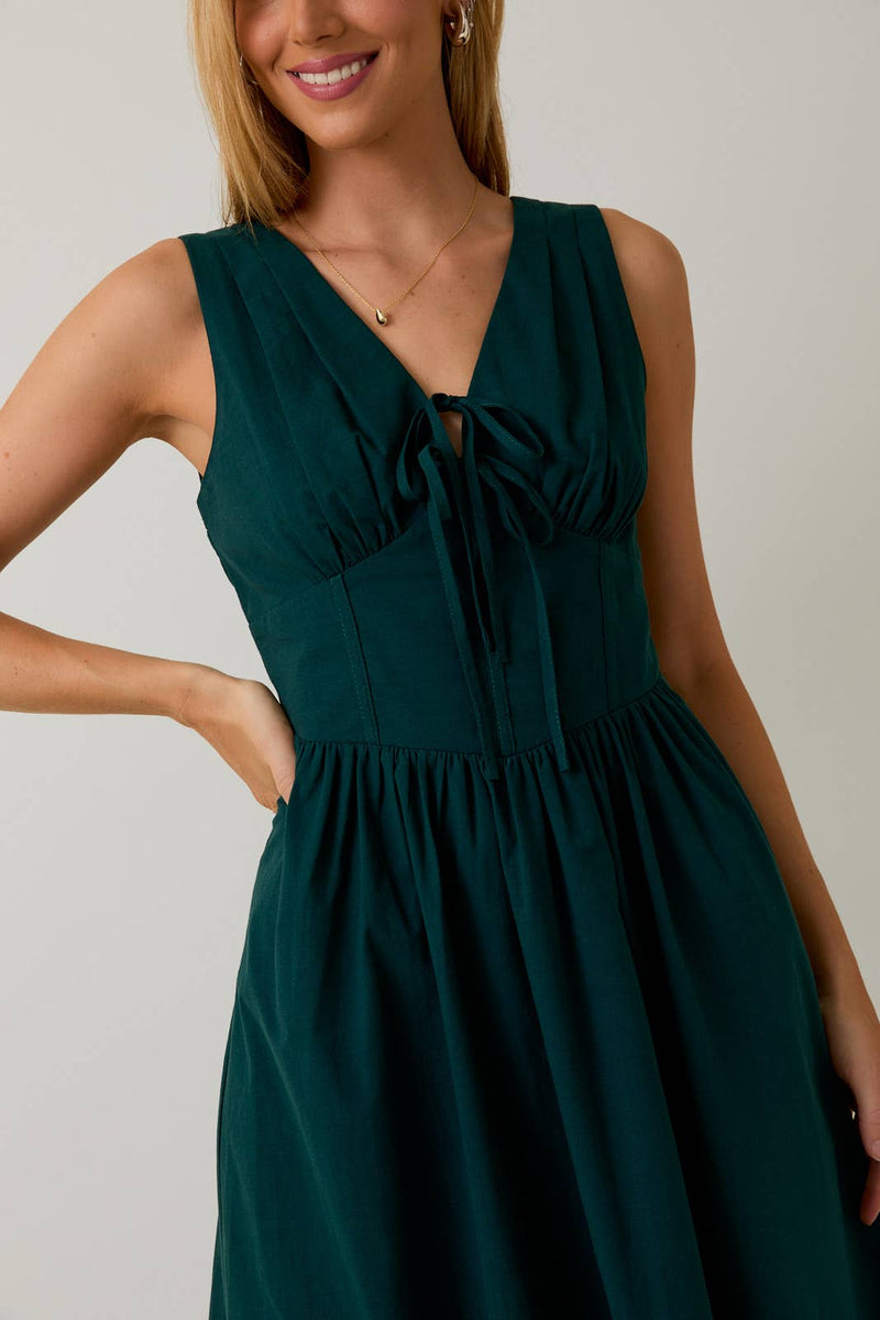 V-NECK FRONT TIED FIT & FLARE MIDI DRESS
