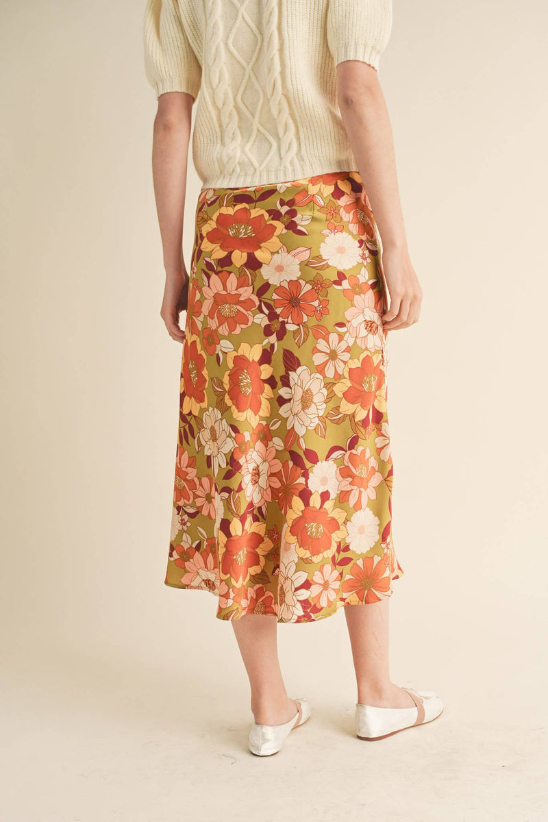 EXCLUSIVE PRINT SATIN FLORAL MIDI SLIP SKIRT MSK2645