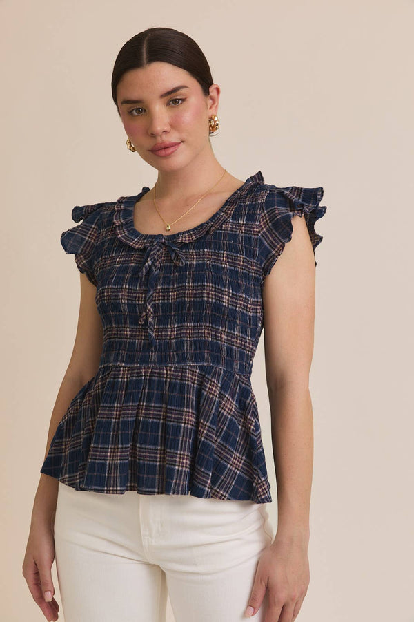 SCOOP NECK SMOCKED RUFFLE PLAID TOP