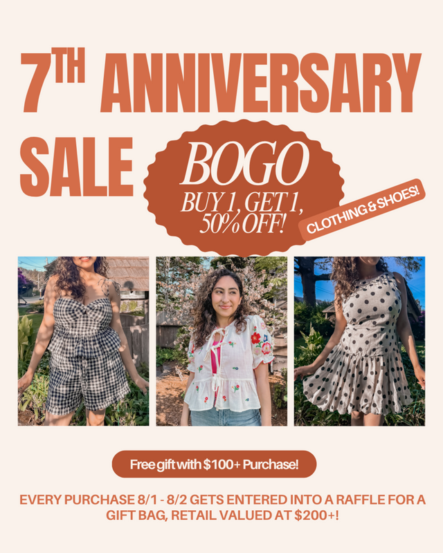 Promotional flyer for a 7th anniversary sale with clothing images and text.