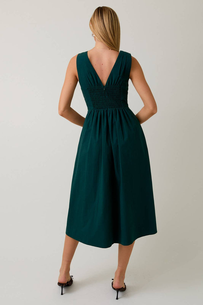 V-NECK FRONT TIED FIT & FLARE MIDI DRESS
