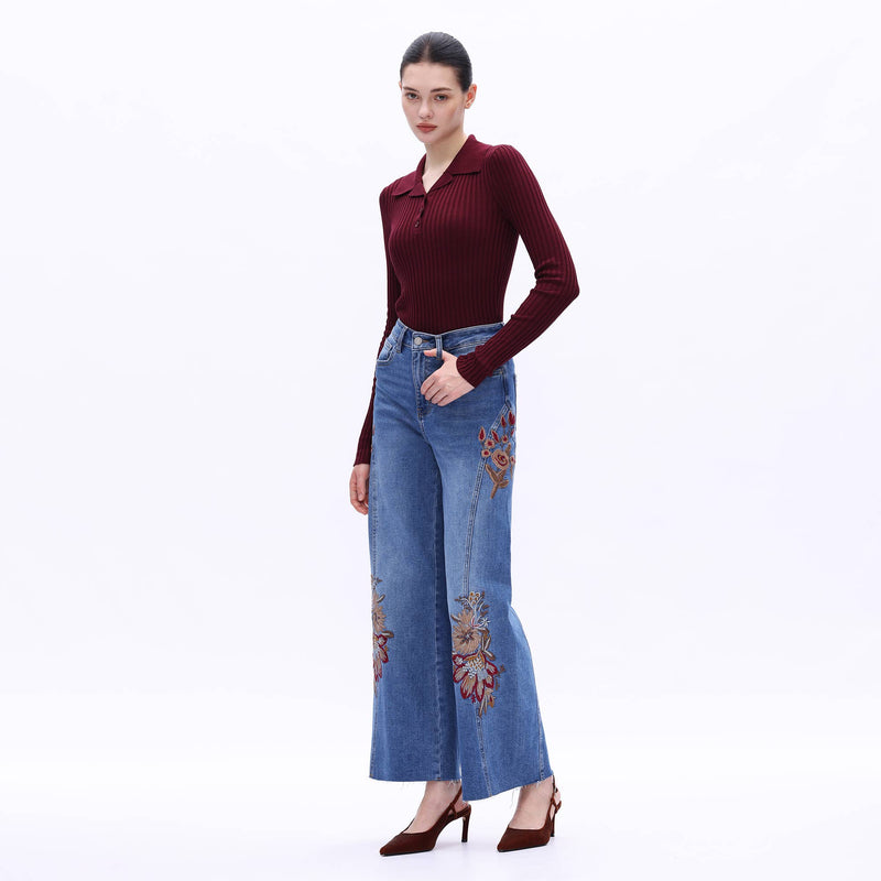 HIGH RISE EMBROIDERED WIDE LEG JEANS WITH RAW HEM BYW8254