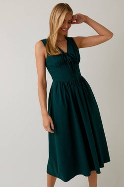 V-NECK FRONT TIED FIT & FLARE MIDI DRESS