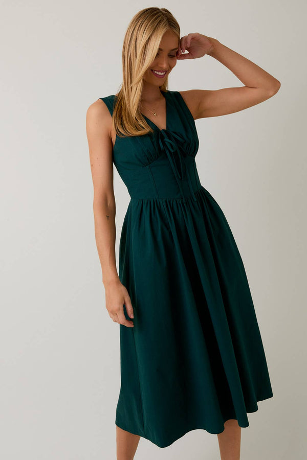 V-NECK FRONT TIED FIT & FLARE MIDI DRESS