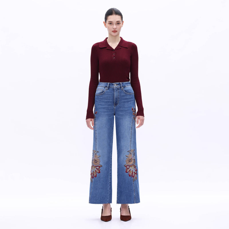 HIGH RISE EMBROIDERED WIDE LEG JEANS WITH RAW HEM BYW8254