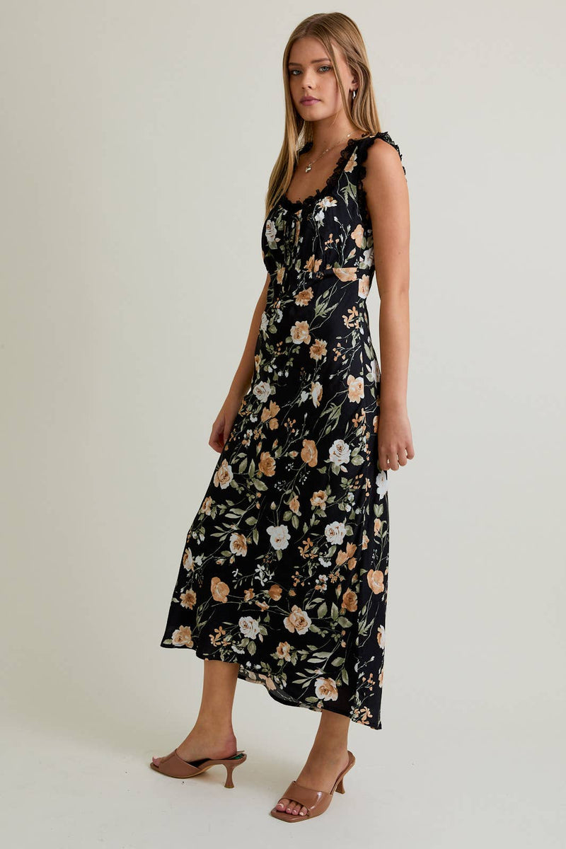 SLEEVELESS SQUARE NECK LACE TRIM DETAIL OPEN BACK MIDI DRESS