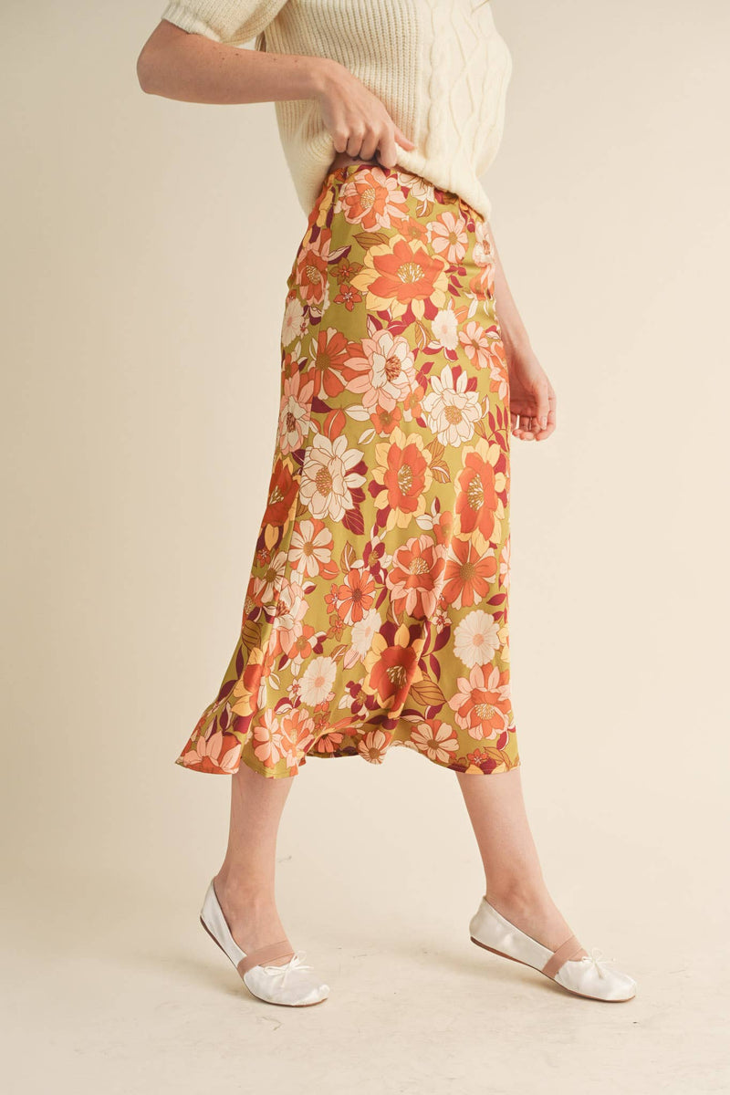 EXCLUSIVE PRINT SATIN FLORAL MIDI SLIP SKIRT MSK2645