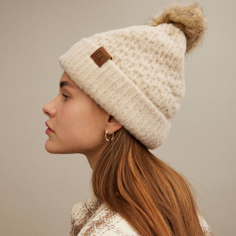 Cable Knit Solid Color Pom Pom Beanie Hat - Lilla Haven - Terra Cotta Gorge Co.