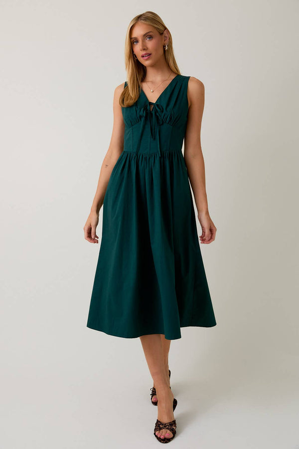 V-NECK FRONT TIED FIT & FLARE MIDI DRESS