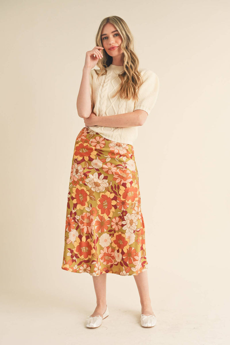 EXCLUSIVE PRINT SATIN FLORAL MIDI SLIP SKIRT MSK2645