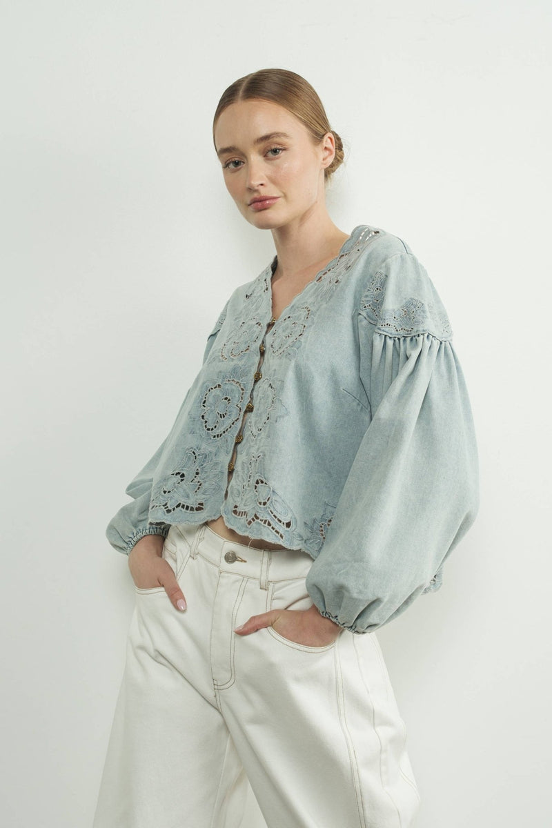 DENIM EMBROIDERY VOLUME SLEEVE BLOUSE - Aaron & Amber - Terra Cotta Gorge Co.