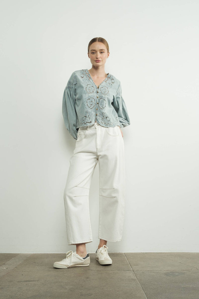 DENIM EMBROIDERY VOLUME SLEEVE BLOUSE - Aaron & Amber - Terra Cotta Gorge Co.