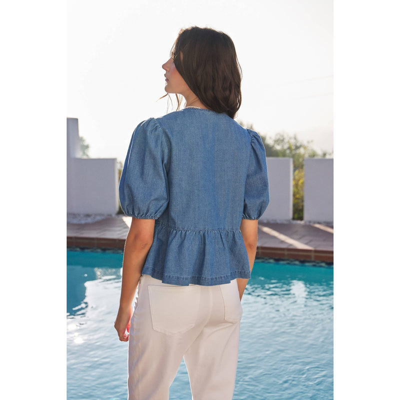 DENIM TOP WITH PUFF SLEEVES - idem ditto - Terra Cotta Gorge Co.