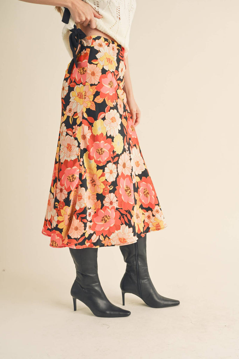 EXCLUSIVE PRINT SATIN FLORAL MIDI SLIP SKIRT MSK2645