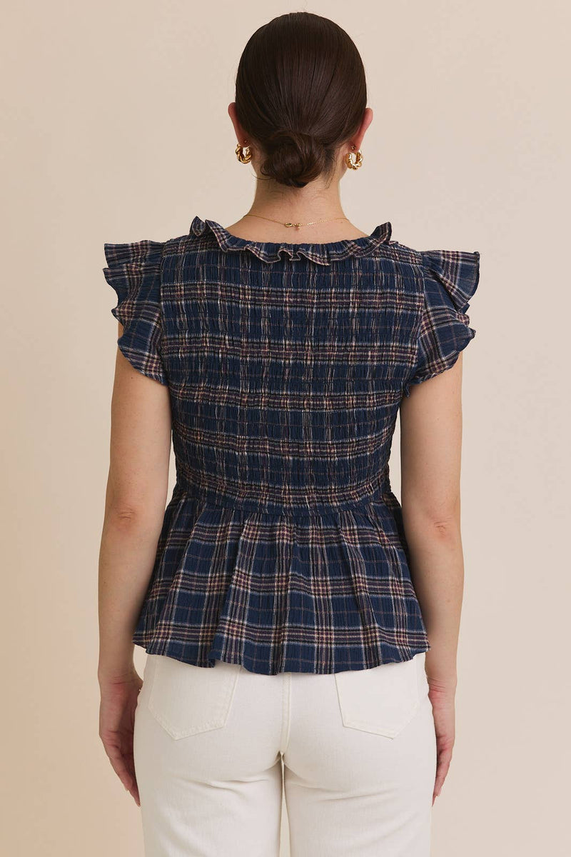 SCOOP NECK SMOCKED RUFFLE PLAID TOP