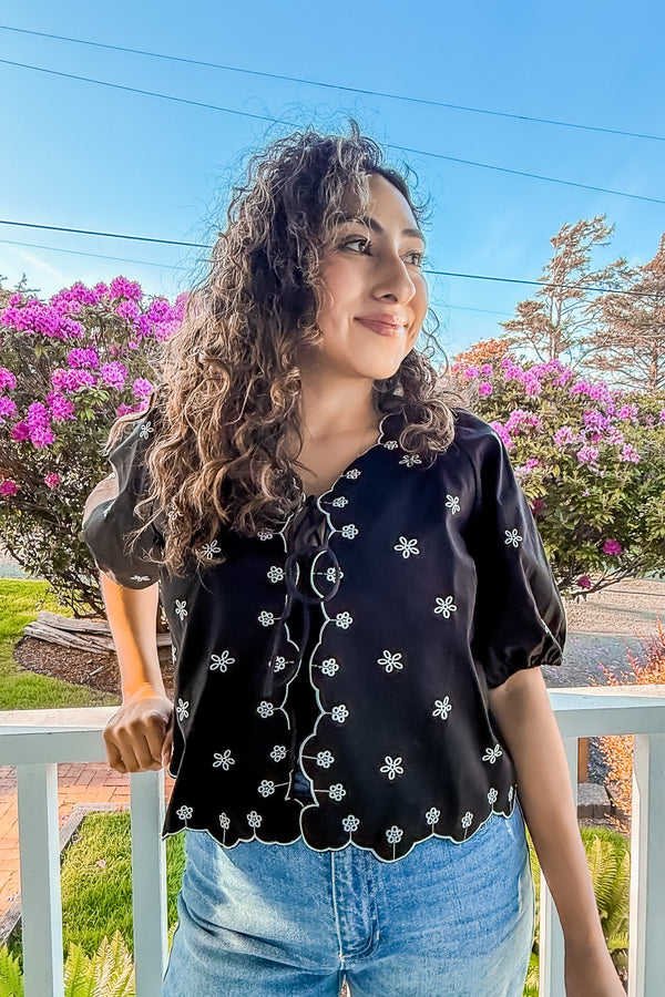 EMBROIDERED BOWTIE TOP WITH PUFF SLEEVES - Aaron & Amber - Terra Cotta Gorge Co.