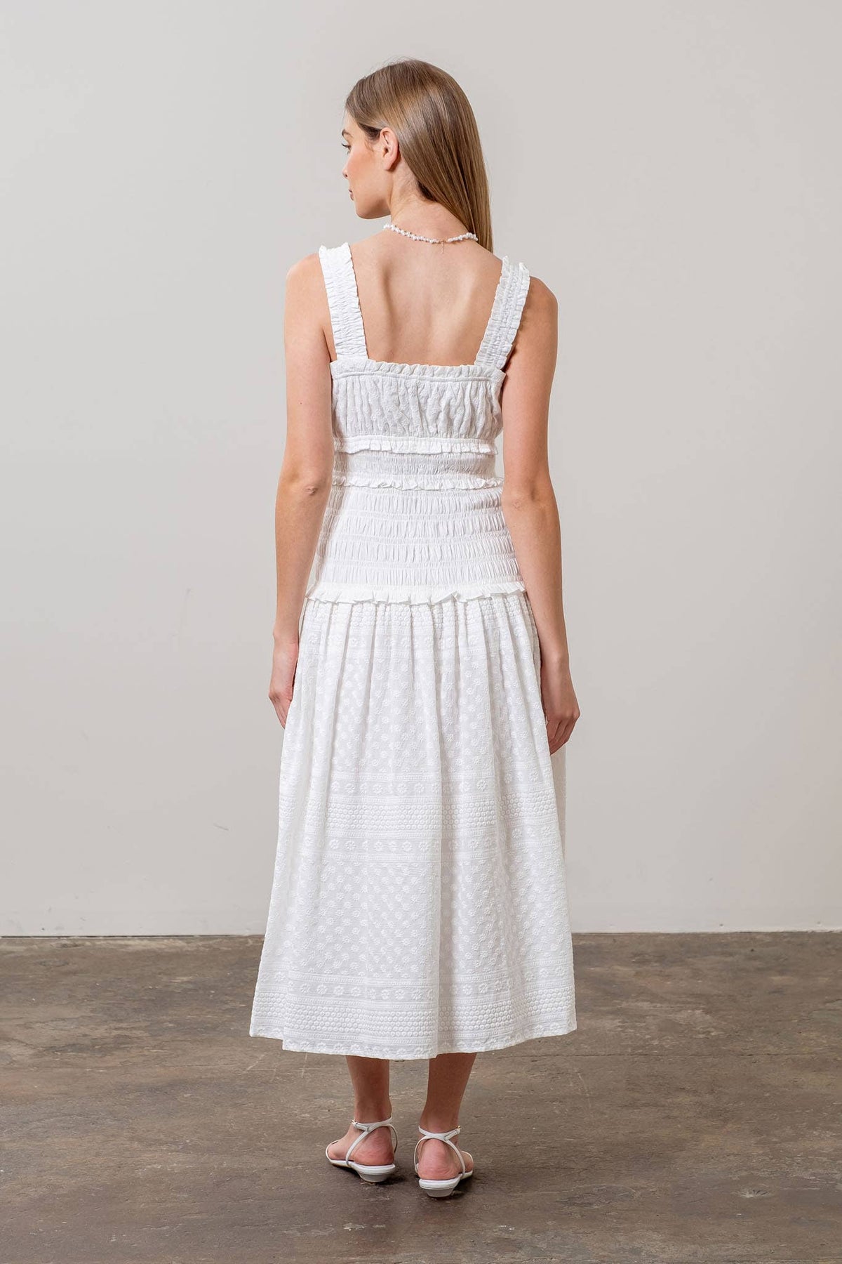 Embroidery Detail Shirred Bodice Midi Dress