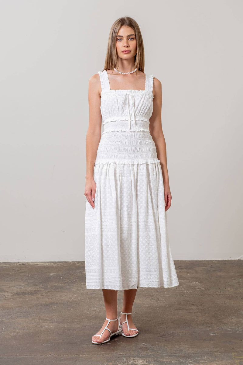 EMBROIDERY DETAIL SHIRRED BODICE MIDI DRESS - Terra Cotta Gorge Co. EMBROIDERY DETAIL SHIRRED BODICE MIDI DRESS - Terra Cotta Gorge Co.