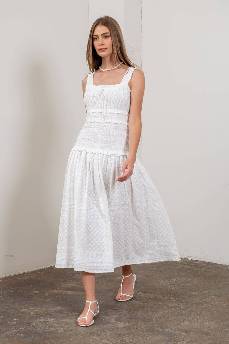 EMBROIDERY DETAIL SHIRRED BODICE MIDI DRESS - Terra Cotta Gorge Co. M / White EMBROIDERY DETAIL SHIRRED BODICE MIDI DRESS - Terra Cotta Gorge Co. M / White