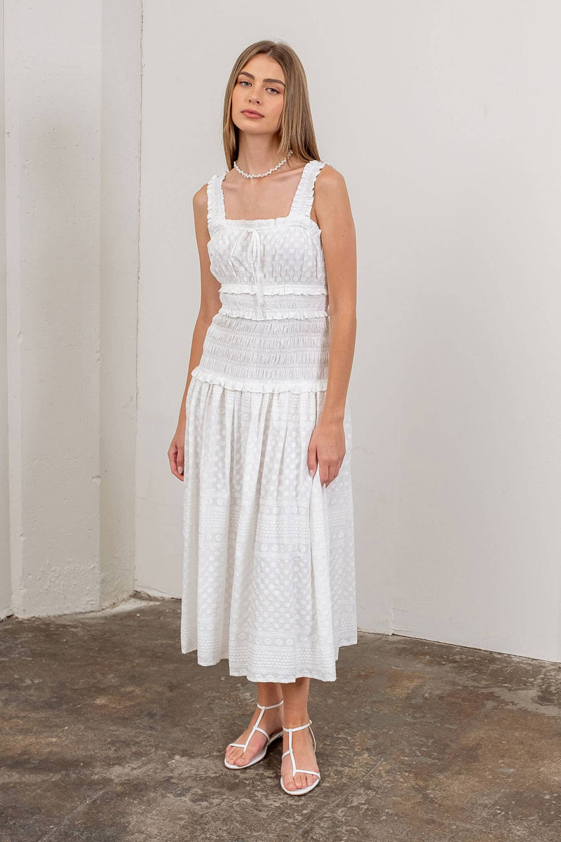 EMBROIDERY DETAIL SHIRRED BODICE MIDI DRESS - Terra Cotta Gorge Co. S / White EMBROIDERY DETAIL SHIRRED BODICE MIDI DRESS - Terra Cotta Gorge Co. S / White