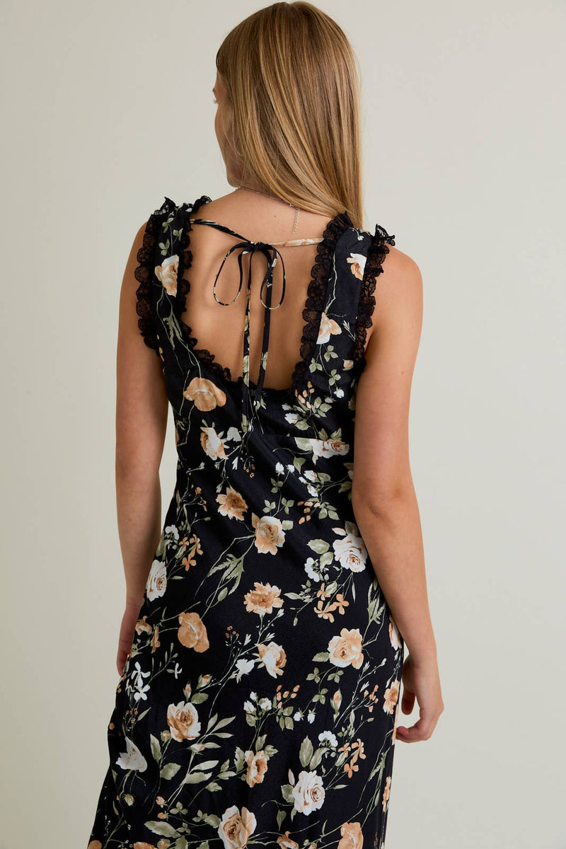 SLEEVELESS SQUARE NECK LACE TRIM DETAIL OPEN BACK MIDI DRESS