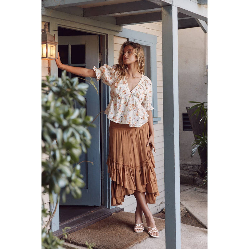 FLORAL DEEP V NECK SHORT SLEEVE RUFFLE TOP - in february - Terra Cotta Gorge Co.