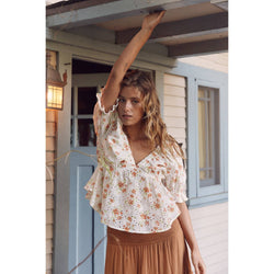 FLORAL DEEP V NECK SHORT SLEEVE RUFFLE TOP - in february - Terra Cotta Gorge Co.