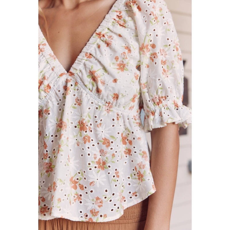 FLORAL DEEP V NECK SHORT SLEEVE RUFFLE TOP - in february - Terra Cotta Gorge Co.