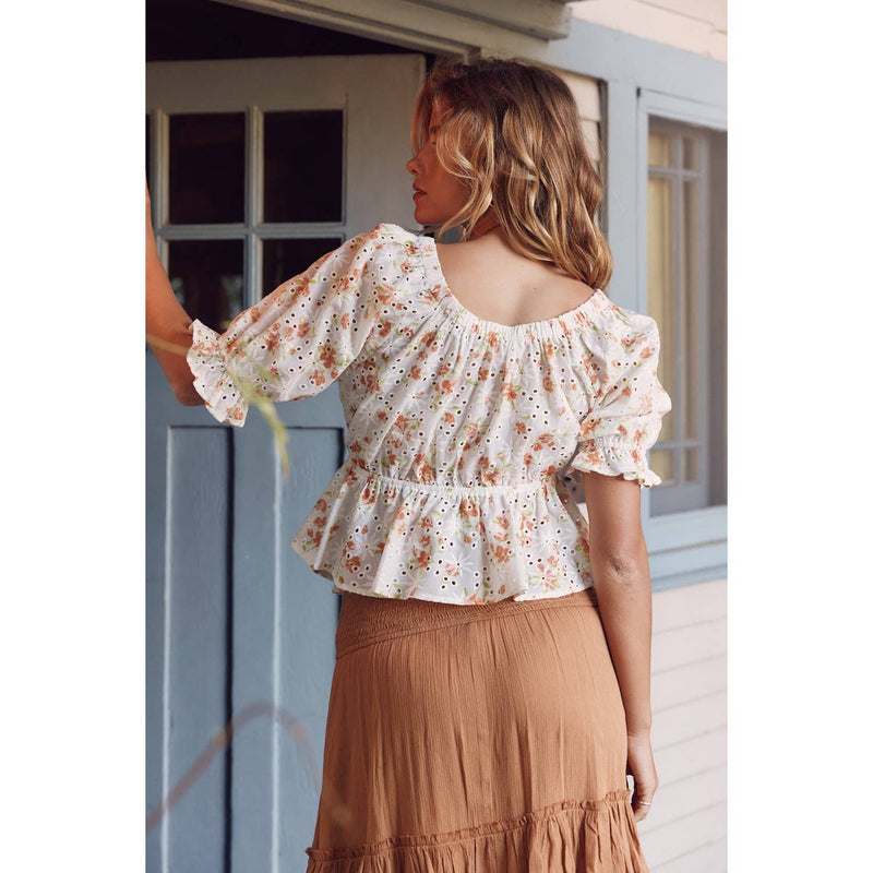 FLORAL DEEP V NECK SHORT SLEEVE RUFFLE TOP - in february - Terra Cotta Gorge Co.