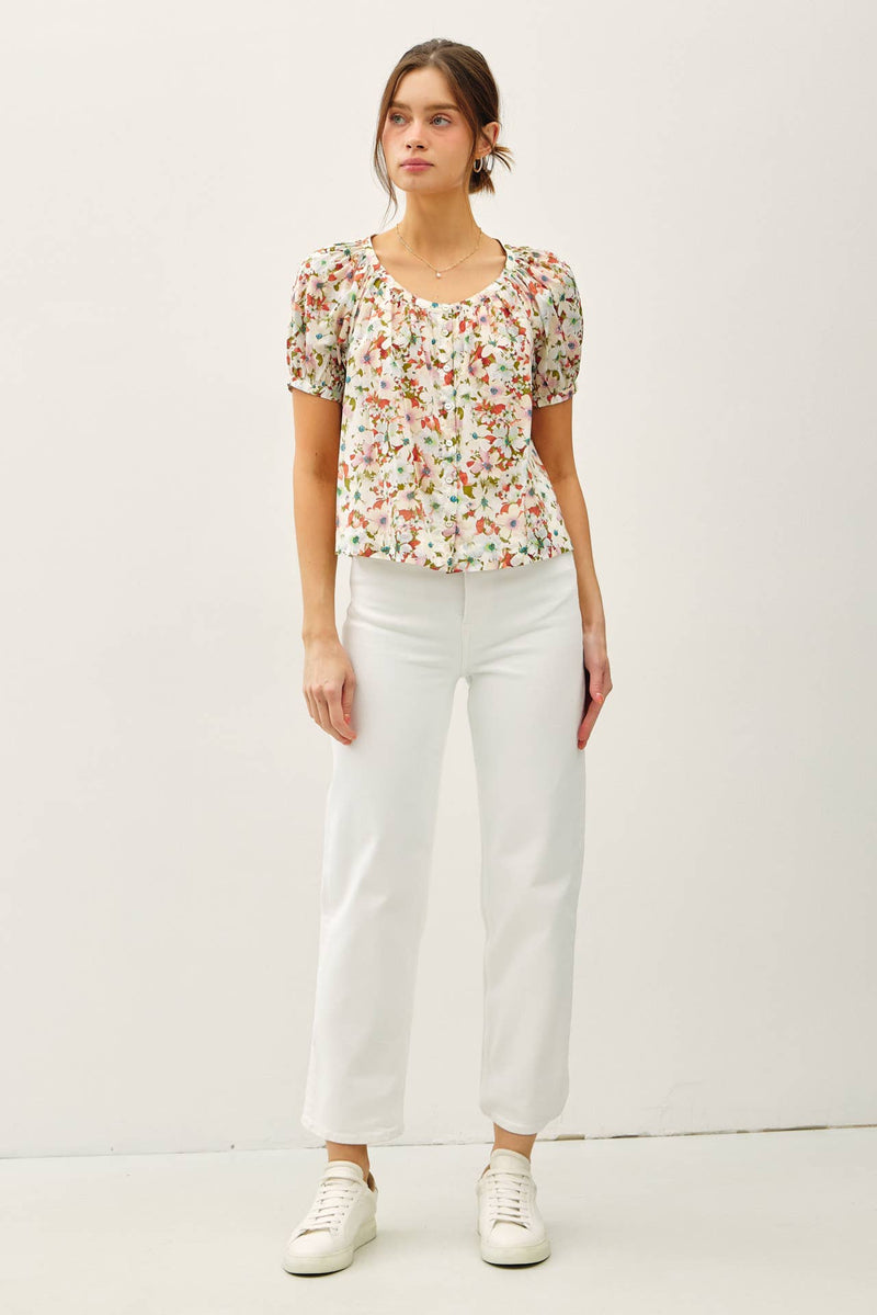 FLORAL PUFF SLEEVE BUTTON TOP - Be Cool - Terra Cotta Gorge Co.